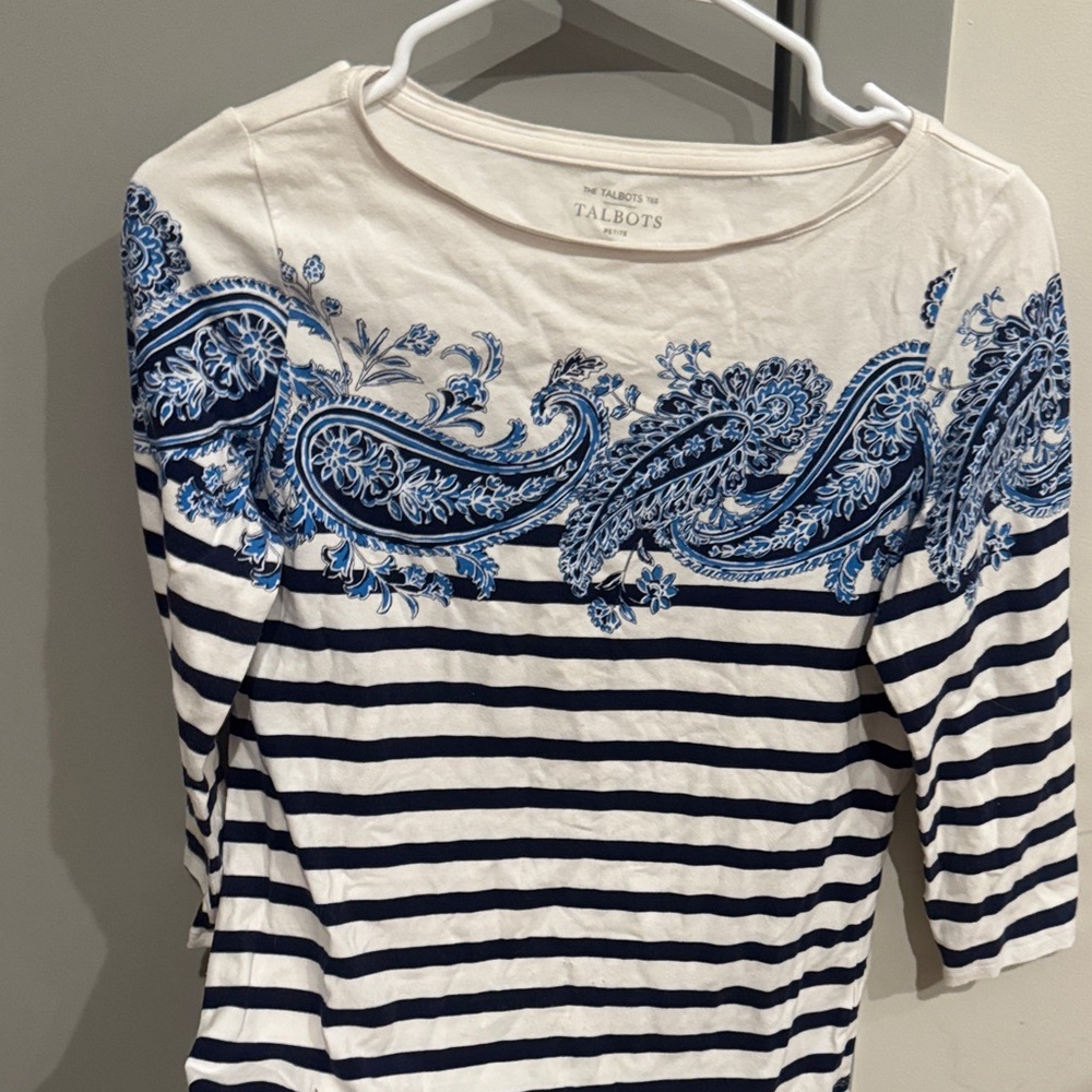 Talbots Blue Paisley and Stripe Long Sleeve Top